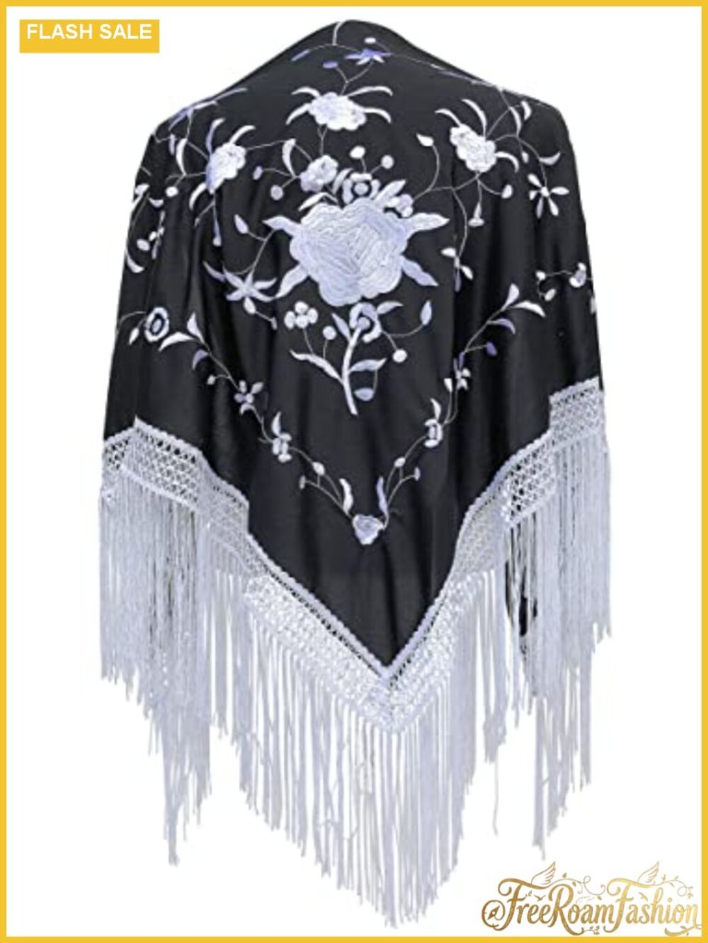 Spanish Flamenco Dance Shawl with White Floral Pattern and Fringes